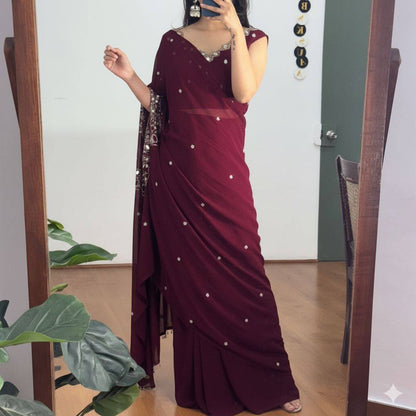 Exclusive Faux Georgette Drape Saree – Embroidery, Real Mirror &amp; Pearl Hand Work with Stitched Blouse