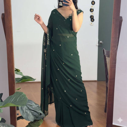 Exclusive Faux Georgette Drape Saree – Embroidery, Real Mirror &amp; Pearl Hand Work with Stitched Blouse