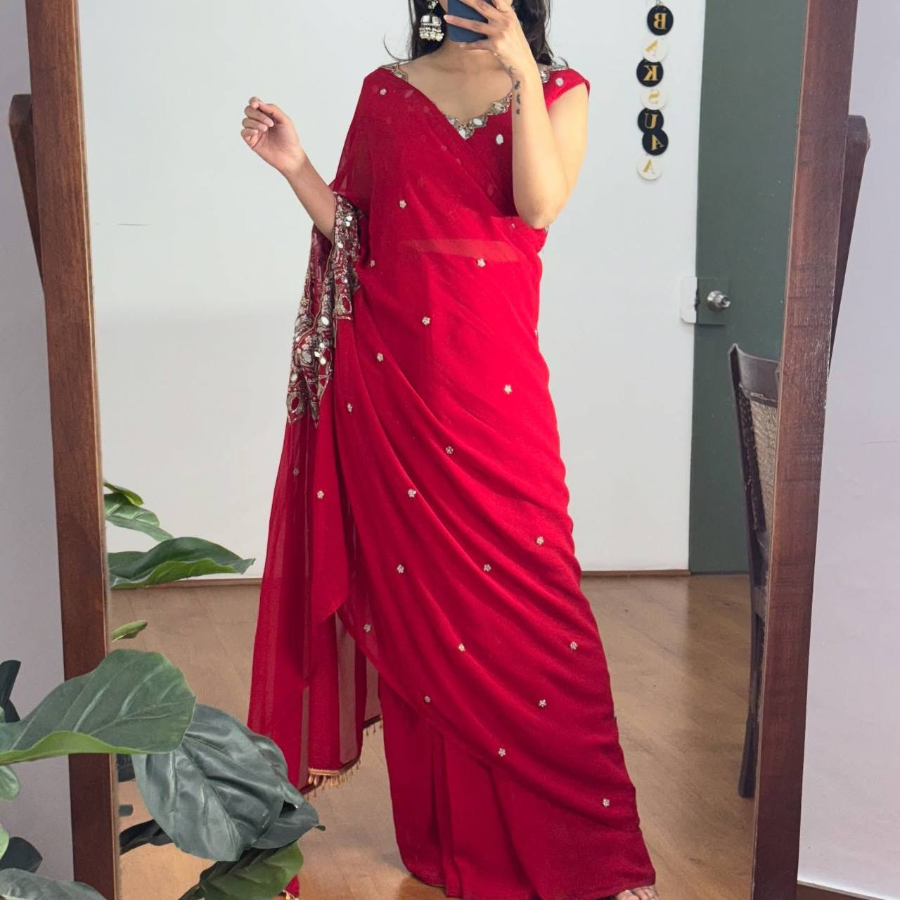 Exclusive Faux Georgette Drape Saree – Embroidery, Real Mirror &amp; Pearl Hand Work with Stitched Blouse