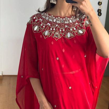 Exclusive Faux Georgette Drape Saree – Embroidery, Real Mirror &amp; Pearl Hand Work with Stitched Blouse