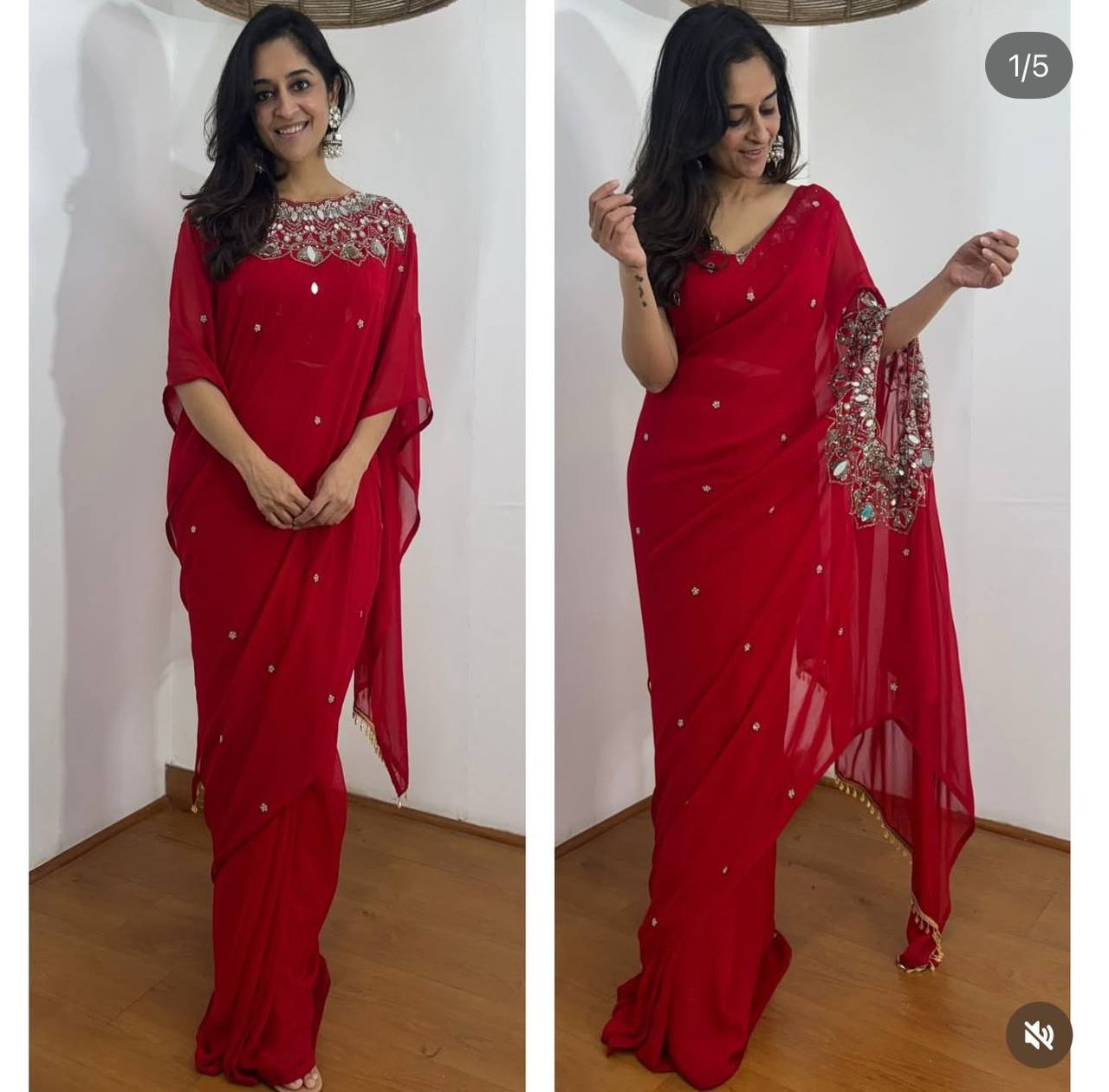 Exclusive Faux Georgette Drape Saree – Embroidery, Real Mirror &amp; Pearl Hand Work with Stitched Blouse