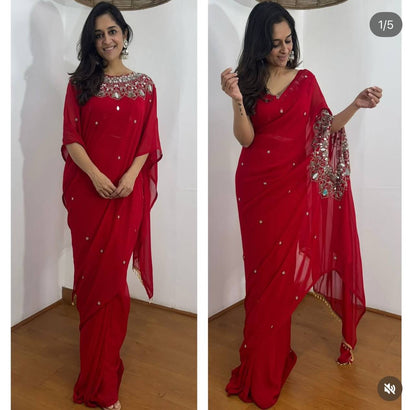 Exclusive Faux Georgette Drape Saree – Embroidery, Real Mirror &amp; Pearl Hand Work with Stitched Blouse