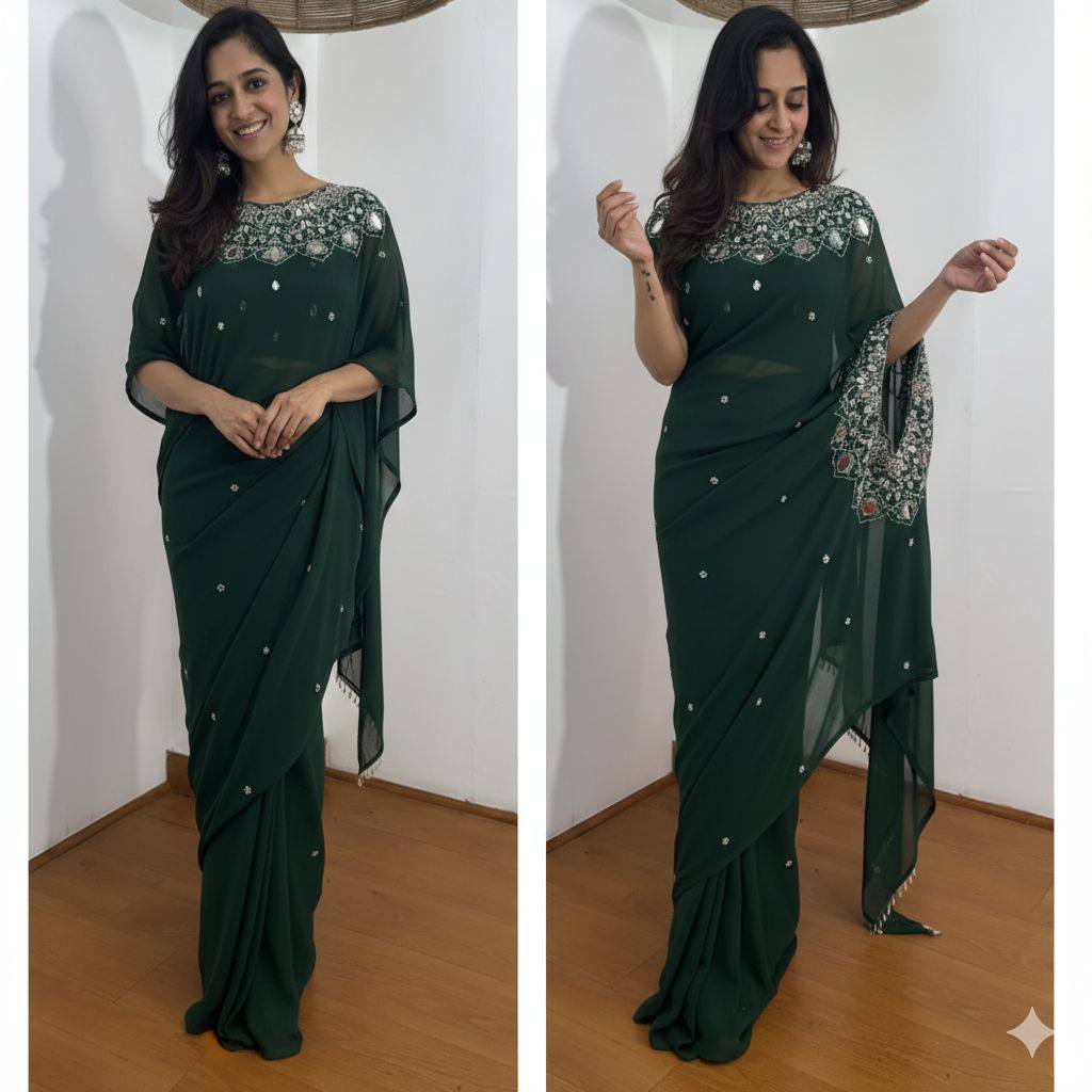 Exclusive Faux Georgette Drape Saree – Embroidery, Real Mirror &amp; Pearl Hand Work with Stitched Blouse
