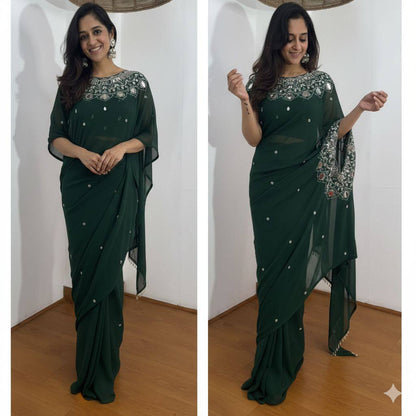 Exclusive Faux Georgette Drape Saree – Embroidery, Real Mirror &amp; Pearl Hand Work with Stitched Blouse