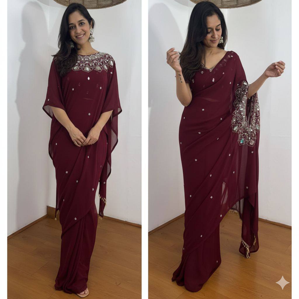Exclusive Faux Georgette Drape Saree – Embroidery, Real Mirror &amp; Pearl Hand Work with Stitched Blouse