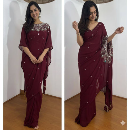 Exclusive Faux Georgette Drape Saree – Embroidery, Real Mirror &amp; Pearl Hand Work with Stitched Blouse