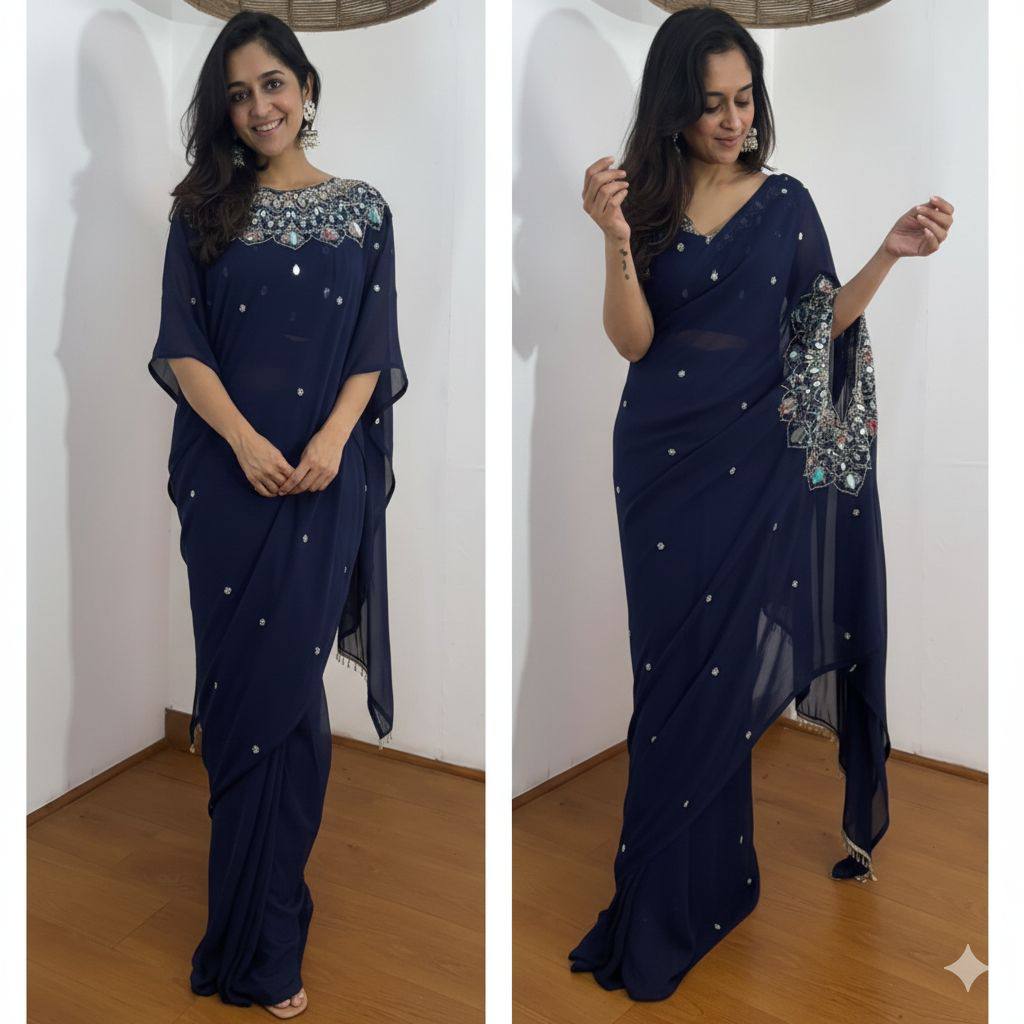 Exclusive Faux Georgette Drape Saree – Embroidery, Real Mirror &amp; Pearl Hand Work with Stitched Blouse