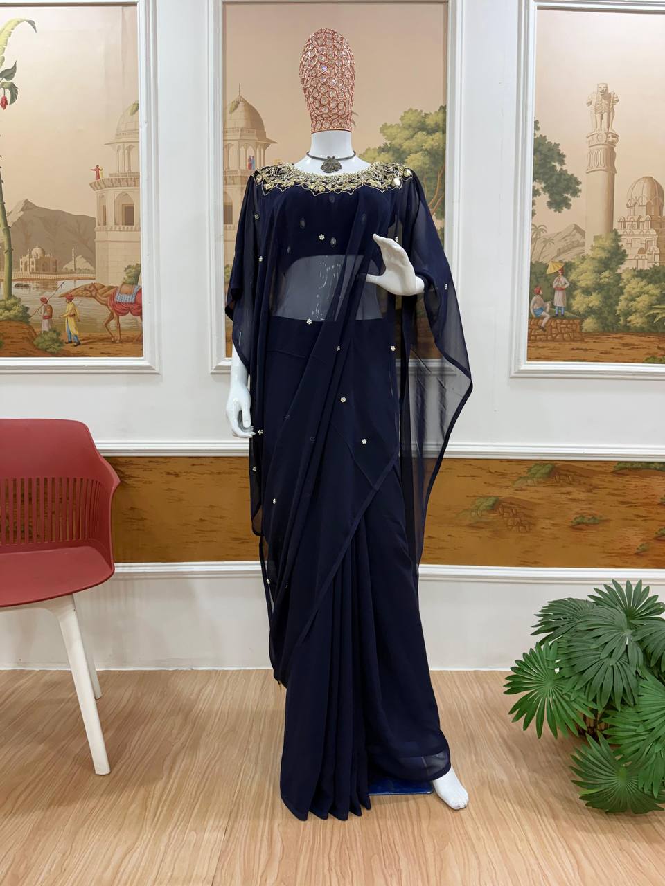 Exclusive Faux Georgette Drape Saree – Embroidery, Real Mirror &amp; Pearl Hand Work with Stitched Blouse