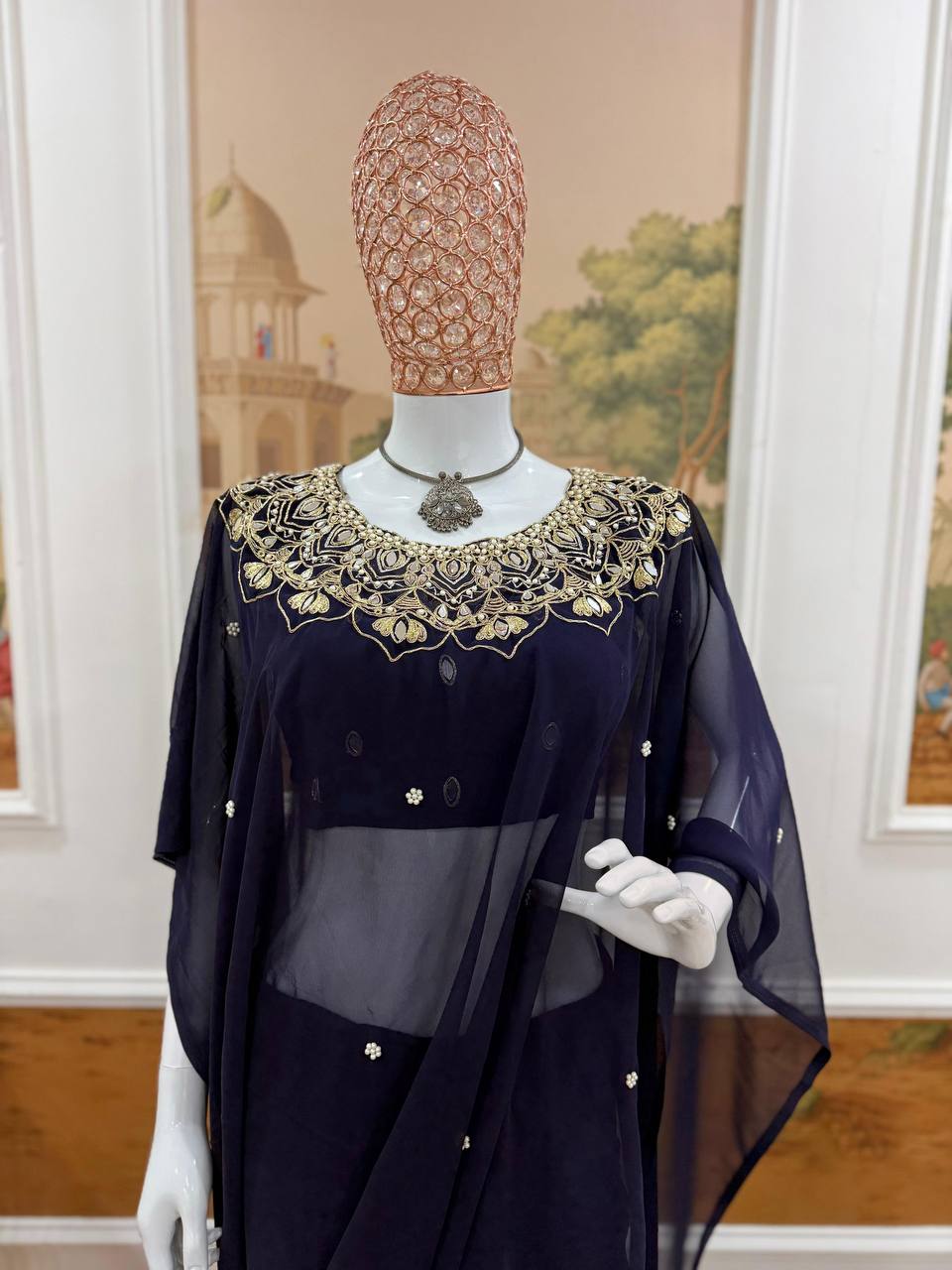 Exclusive Faux Georgette Drape Saree – Embroidery, Real Mirror &amp; Pearl Hand Work with Stitched Blouse