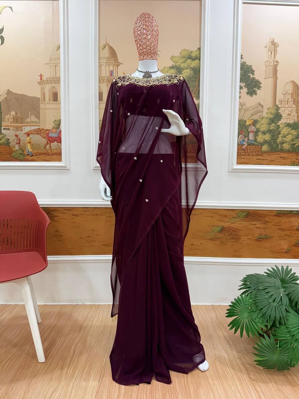 Exclusive Faux Georgette Drape Saree – Embroidery, Real Mirror &amp; Pearl Hand Work with Stitched Blouse