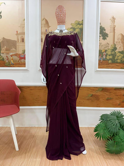 Exclusive Faux Georgette Drape Saree – Embroidery, Real Mirror &amp; Pearl Hand Work with Stitched Blouse