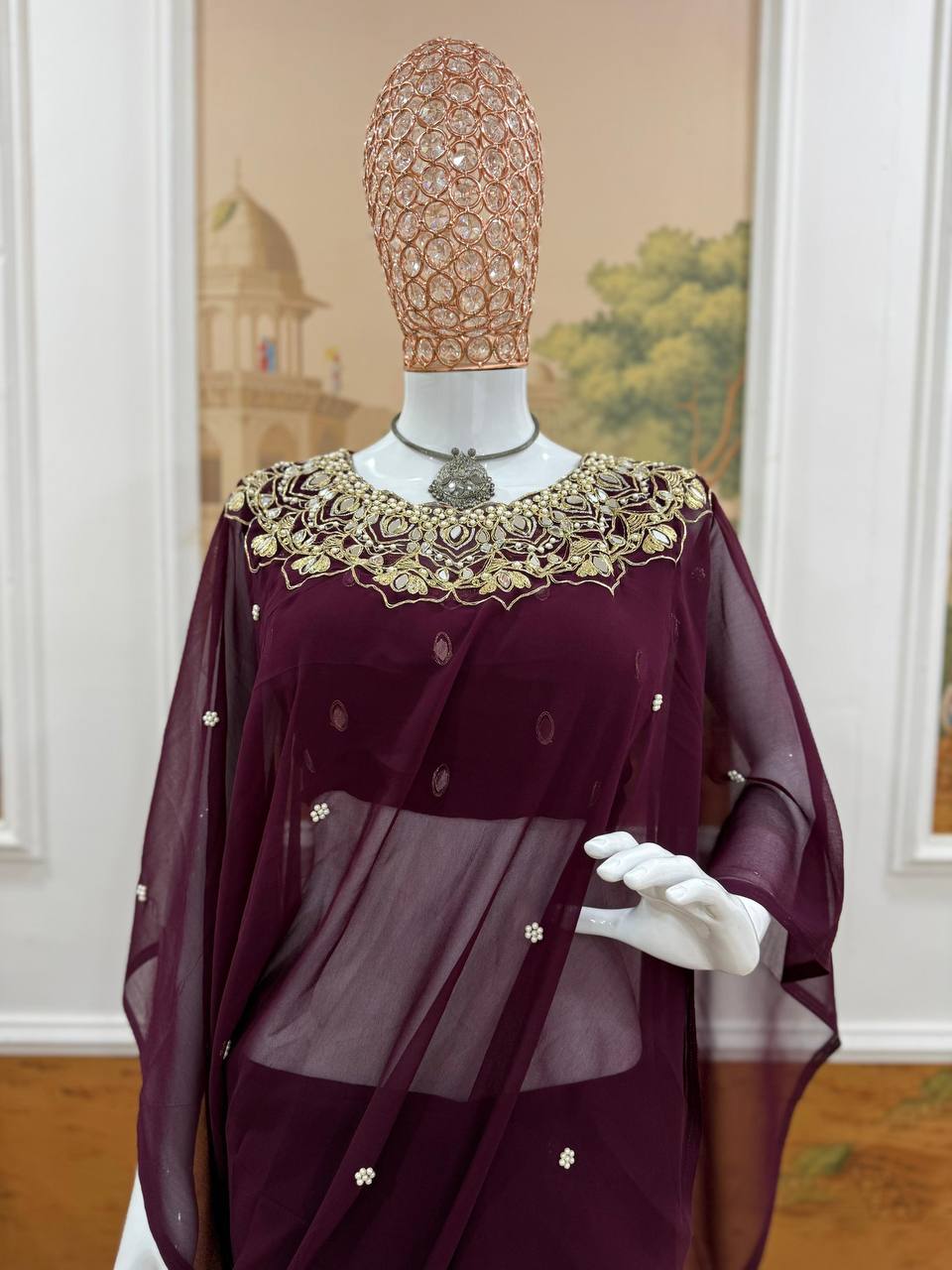 Exclusive Faux Georgette Drape Saree – Embroidery, Real Mirror &amp; Pearl Hand Work with Stitched Blouse