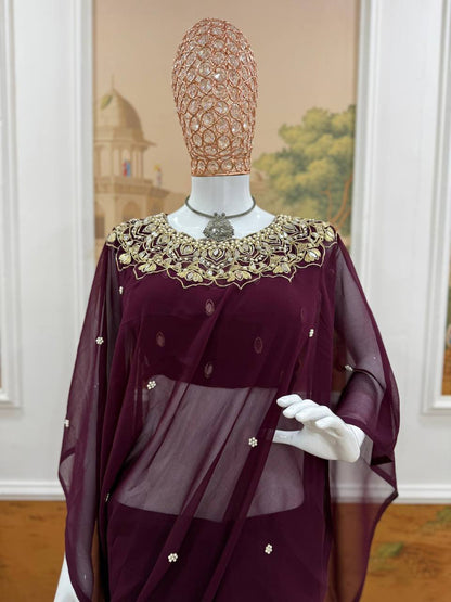 Exclusive Faux Georgette Drape Saree – Embroidery, Real Mirror &amp; Pearl Hand Work with Stitched Blouse