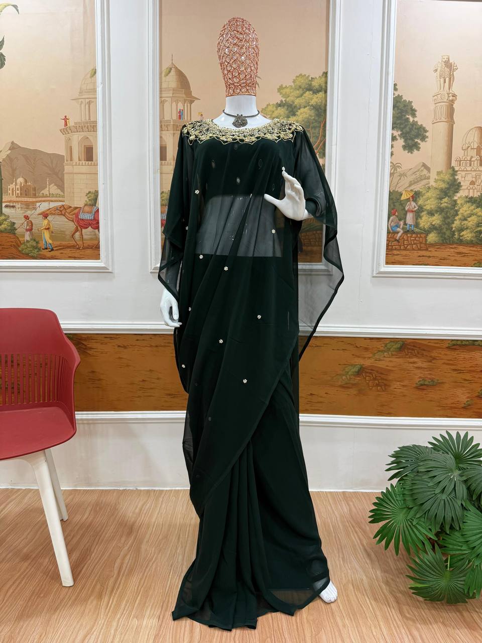 Exclusive Faux Georgette Drape Saree – Embroidery, Real Mirror &amp; Pearl Hand Work with Stitched Blouse