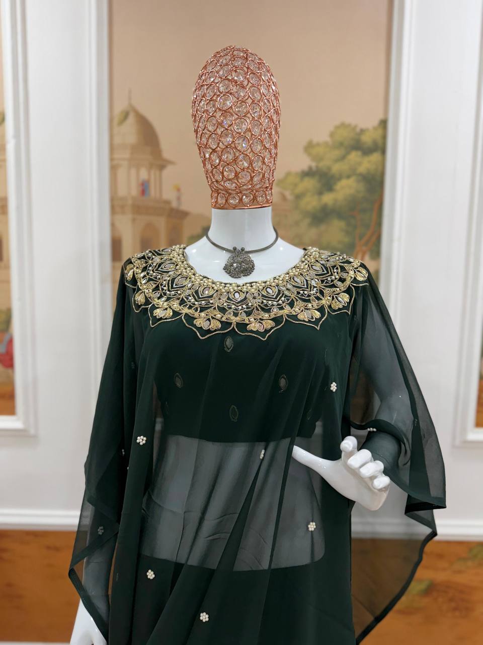 Exclusive Faux Georgette Drape Saree – Embroidery, Real Mirror &amp; Pearl Hand Work with Stitched Blouse