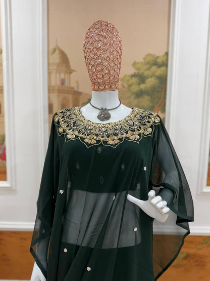 Exclusive Faux Georgette Drape Saree – Embroidery, Real Mirror &amp; Pearl Hand Work with Stitched Blouse