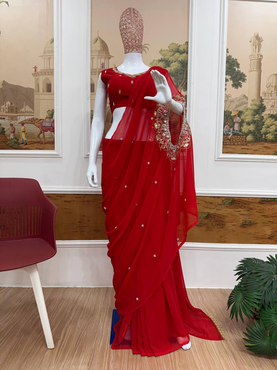 Exclusive Faux Georgette Drape Saree – Embroidery, Real Mirror &amp; Pearl Hand Work with Stitched Blouse
