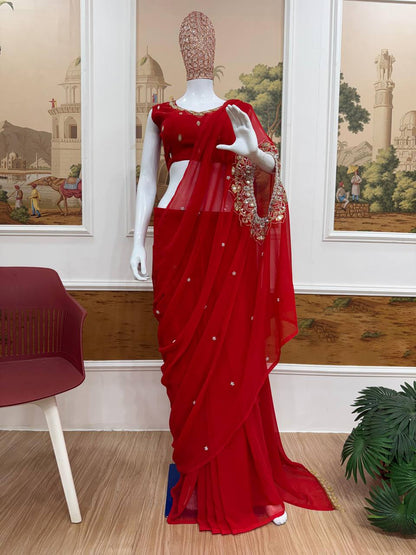 Exclusive Faux Georgette Drape Saree – Embroidery, Real Mirror &amp; Pearl Hand Work with Stitched Blouse