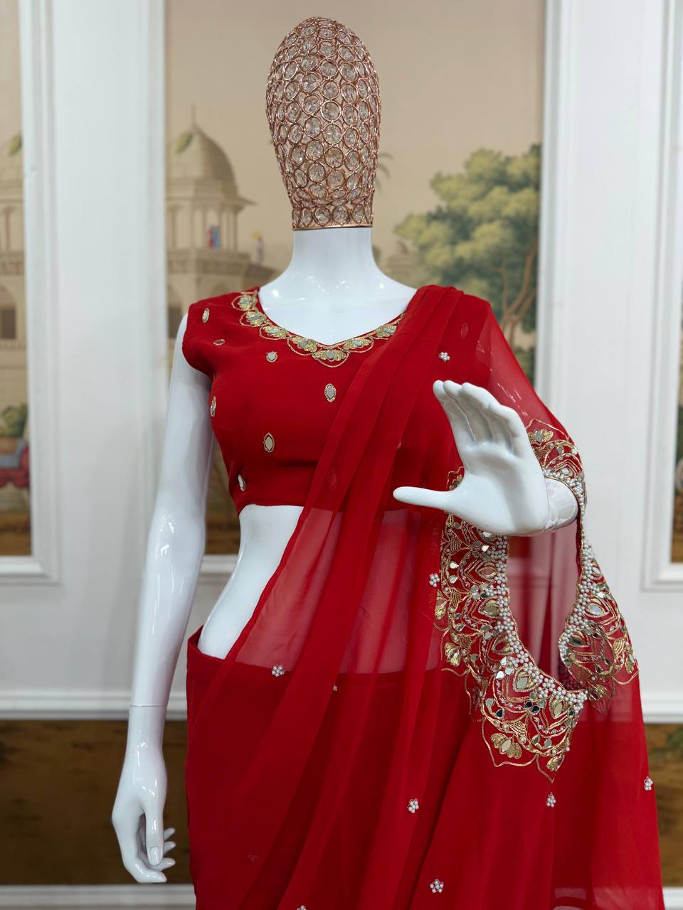 Exclusive Faux Georgette Drape Saree – Embroidery, Real Mirror &amp; Pearl Hand Work with Stitched Blouse