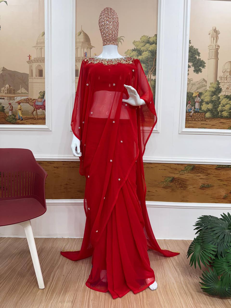 Exclusive Faux Georgette Drape Saree – Embroidery, Real Mirror &amp; Pearl Hand Work with Stitched Blouse