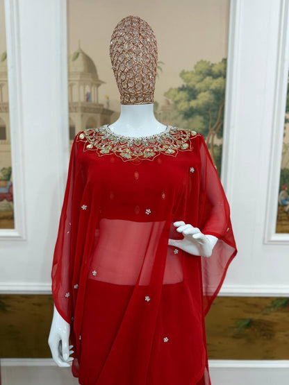 Exclusive Faux Georgette Drape Saree – Embroidery, Real Mirror &amp; Pearl Hand Work with Stitched Blouse