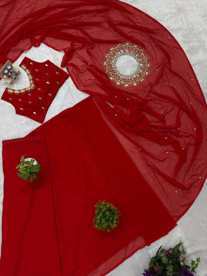 Exclusive Faux Georgette Drape Saree – Embroidery, Real Mirror &amp; Pearl Hand Work with Stitched Blouse