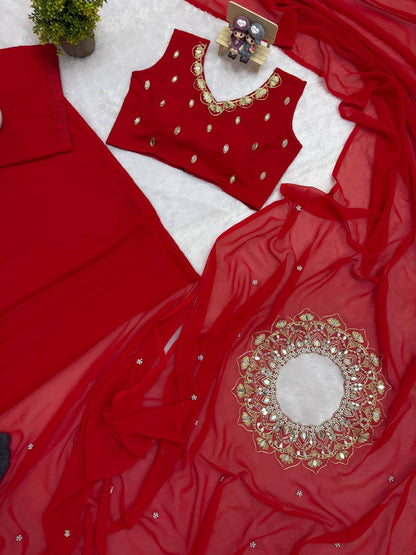 Exclusive Faux Georgette Drape Saree – Embroidery, Real Mirror &amp; Pearl Hand Work with Stitched Blouse