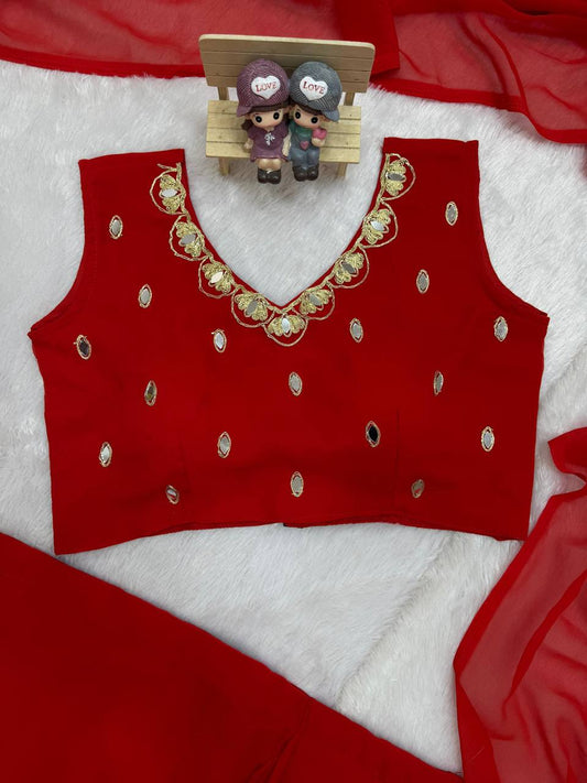 Exclusive Faux Georgette Drape Saree – Embroidery, Real Mirror &amp; Pearl Hand Work with Stitched Blouse
