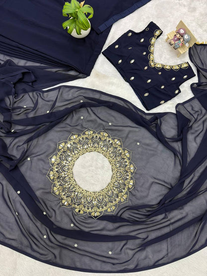 Exclusive Faux Georgette Drape Saree – Embroidery, Real Mirror &amp; Pearl Hand Work with Stitched Blouse