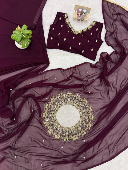 Exclusive Faux Georgette Drape Saree – Embroidery, Real Mirror &amp; Pearl Hand Work with Stitched Blouse