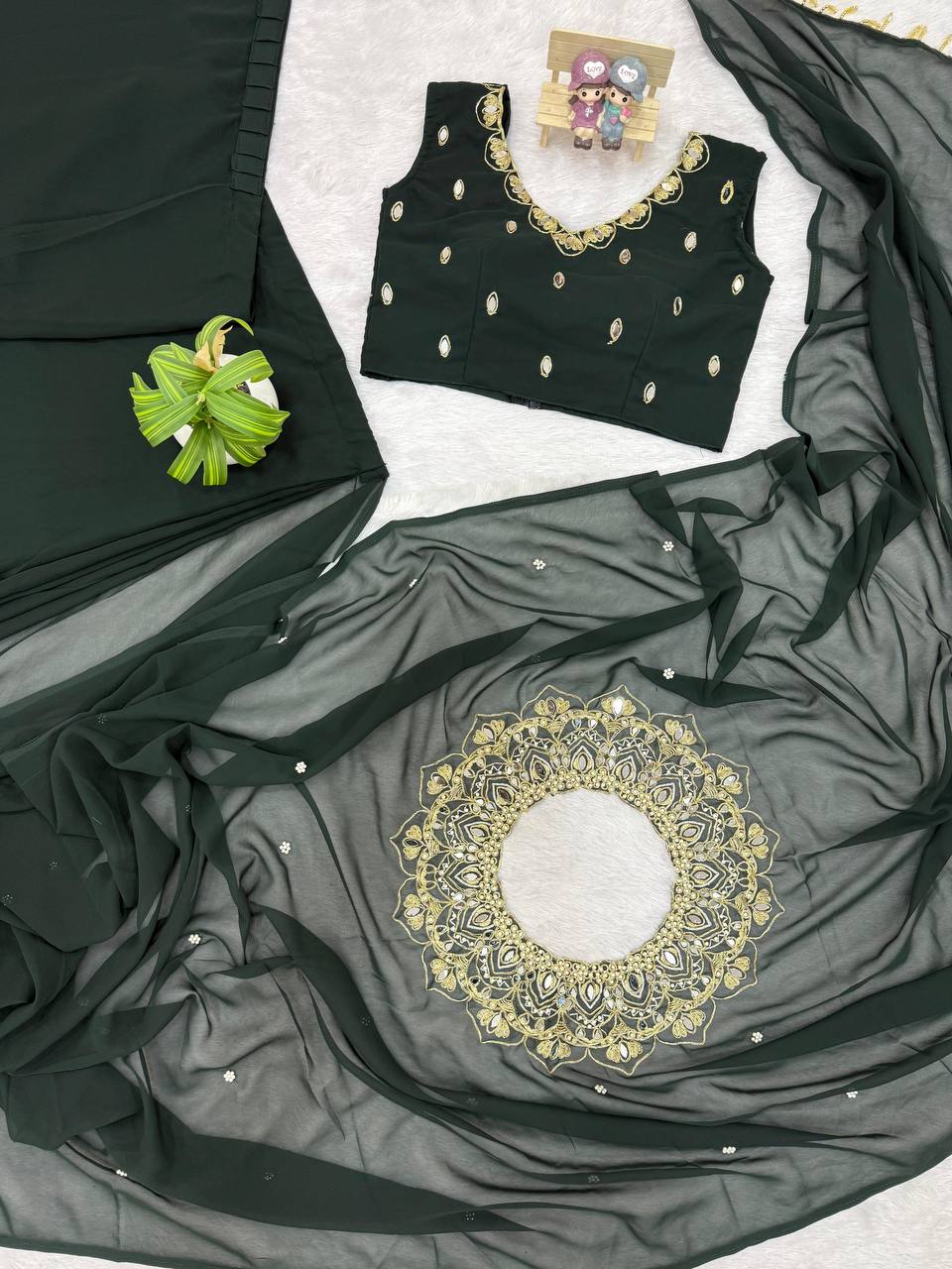 Exclusive Faux Georgette Drape Saree – Embroidery, Real Mirror &amp; Pearl Hand Work with Stitched Blouse