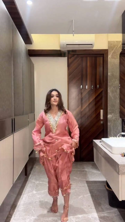Coss Moss Salwar Suit – Sequins Embroidery &amp; Mirror Work with Organza Dupatta