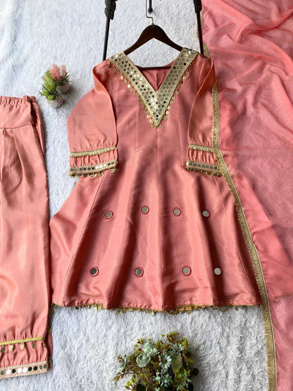 Coss Moss Salwar Suit – Sequins Embroidery &amp; Mirror Work with Organza Dupatta