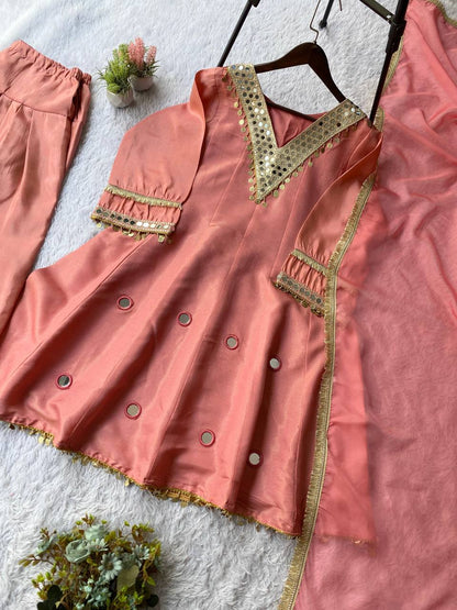 Coss Moss Salwar Suit – Sequins Embroidery &amp; Mirror Work with Organza Dupatta