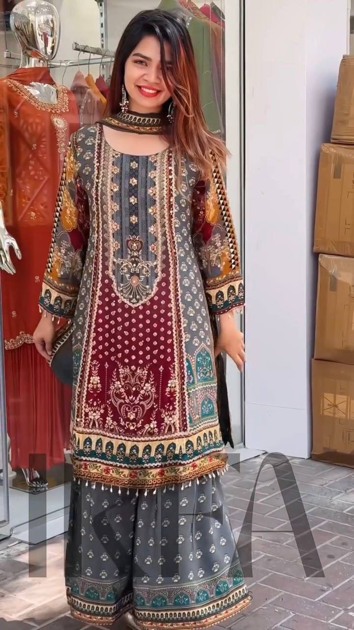 Heavy Faux Georgette Salwar Suit – Digital Print with Real Mirror Hand Work