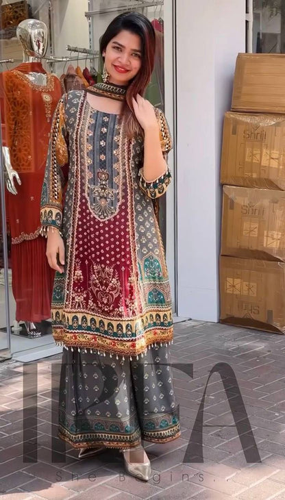 Heavy Faux Georgette Salwar Suit – Digital Print with Real Mirror Hand Work