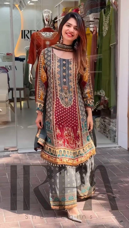 Heavy Faux Georgette Salwar Suit – Digital Print with Real Mirror Hand Work