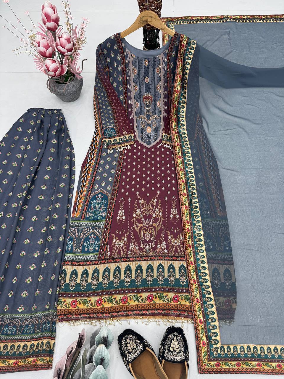 Heavy Faux Georgette Salwar Suit – Digital Print with Real Mirror Hand Work