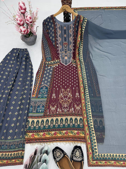 Heavy Faux Georgette Salwar Suit – Digital Print with Real Mirror Hand Work