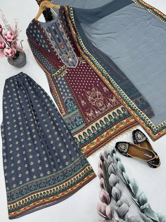 Heavy Faux Georgette Salwar Suit – Digital Print with Real Mirror Hand Work