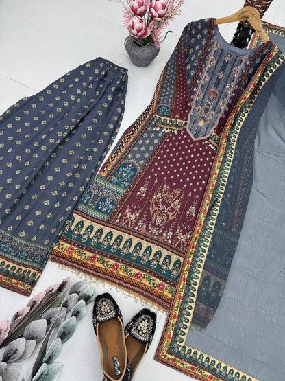 Heavy Faux Georgette Salwar Suit – Digital Print with Real Mirror Hand Work