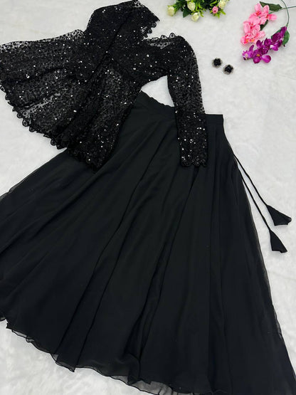 Blazer Style Butterfly Net Top with Sequins Embroidery &amp; Pure Georgette Lehenga