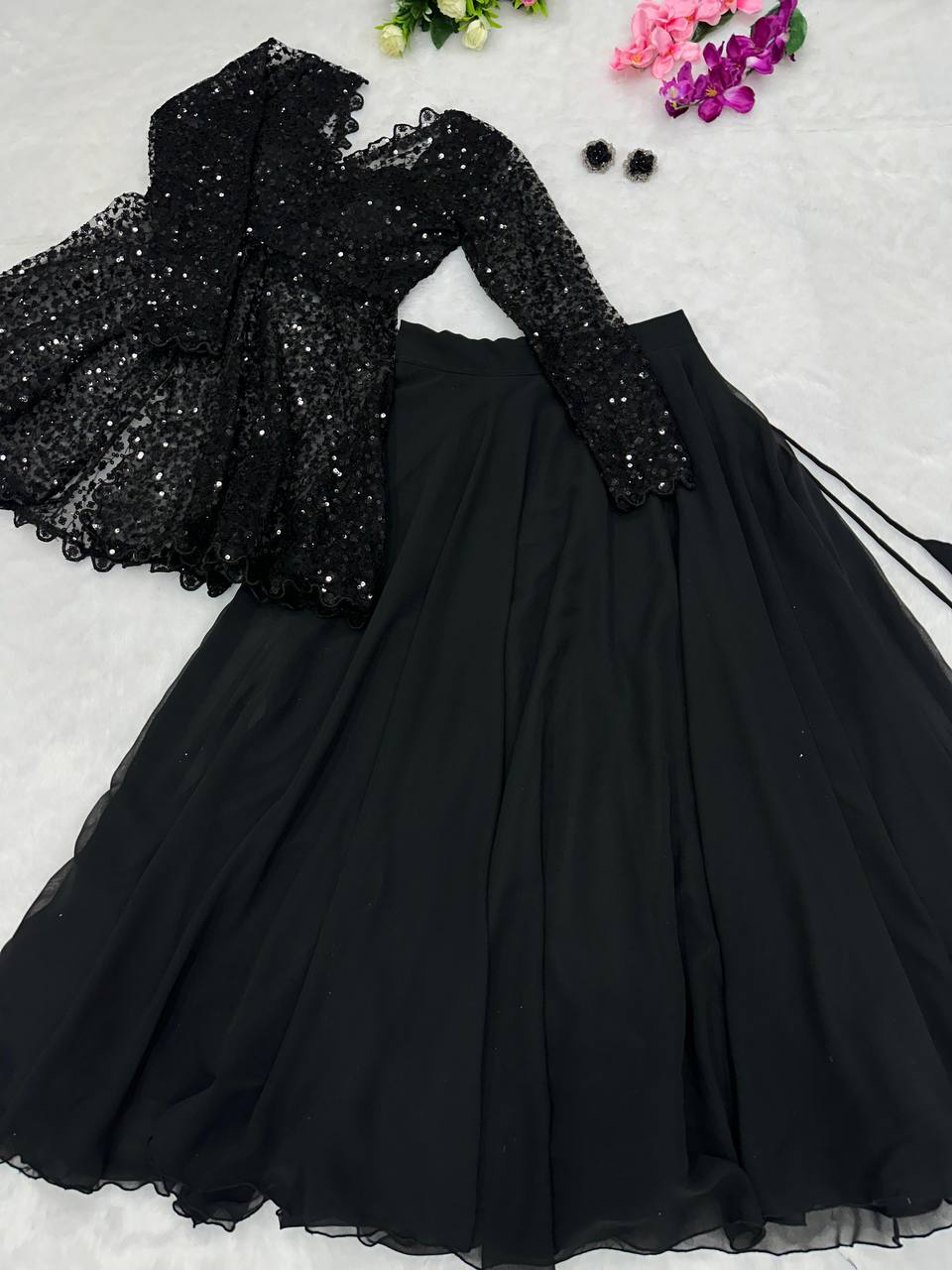 Blazer Style Butterfly Net Top with Sequins Embroidery &amp; Pure Georgette Lehenga