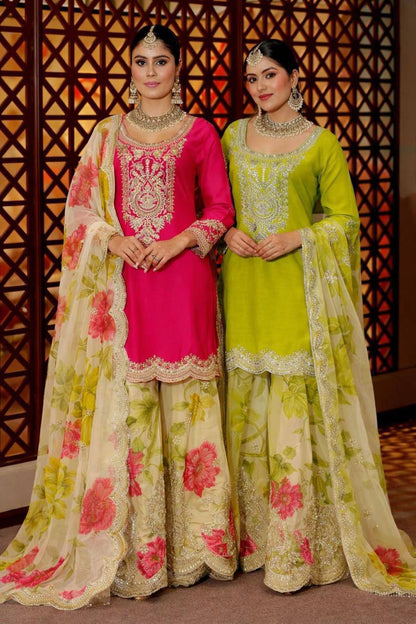 Heavy Chinon Party Top Pallazo &amp; Dupatta Set – Coding Embroidery &amp; Sequins Work