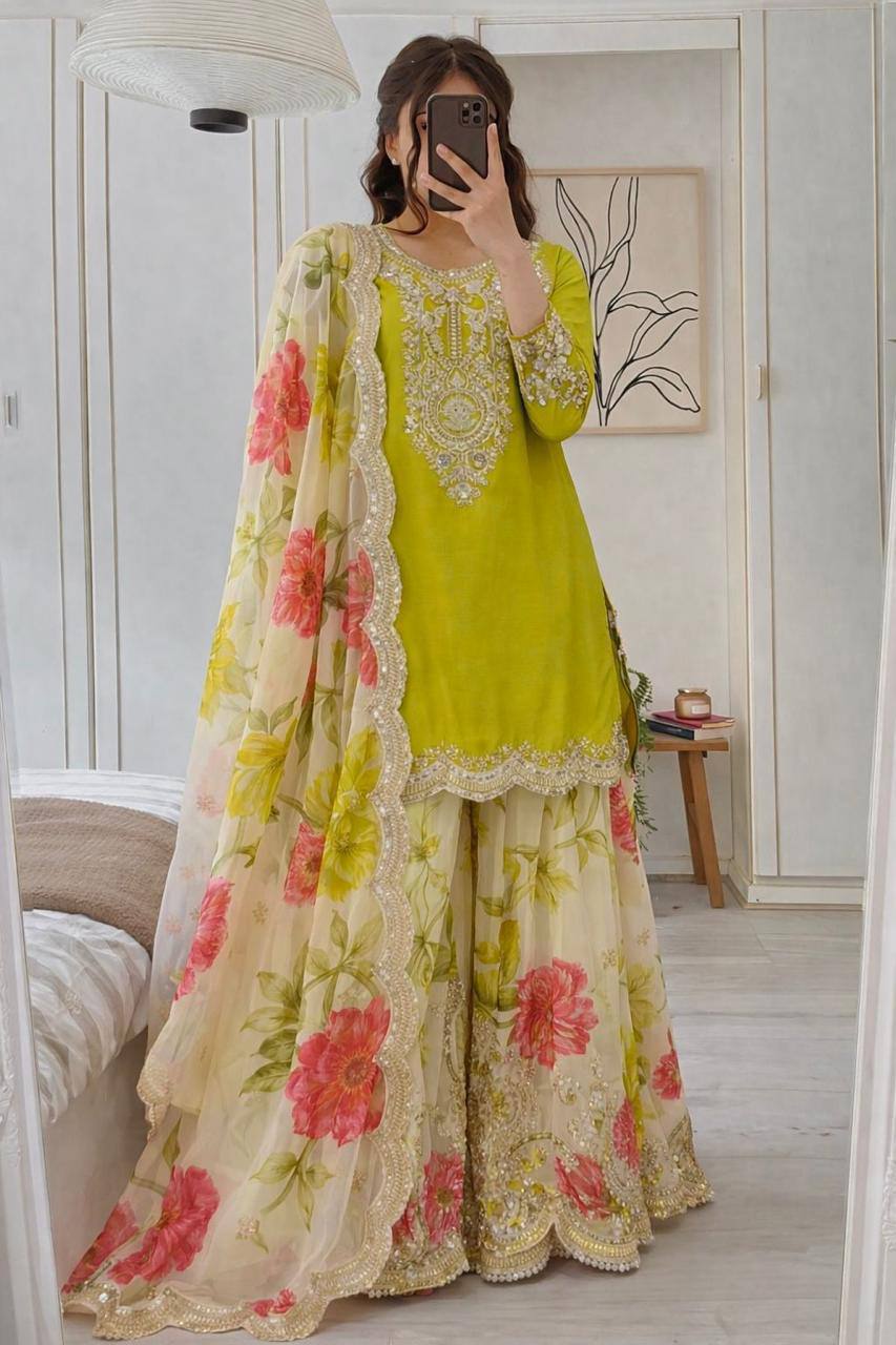 Heavy Chinon Party Top Pallazo &amp; Dupatta Set – Coding Embroidery &amp; Sequins Work