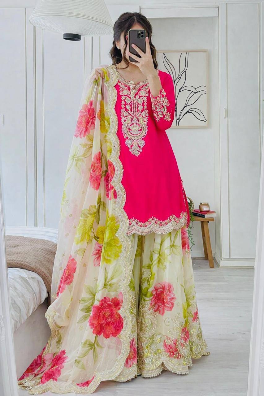 Heavy Chinon Party Top Pallazo &amp; Dupatta Set – Coding Embroidery &amp; Sequins Work
