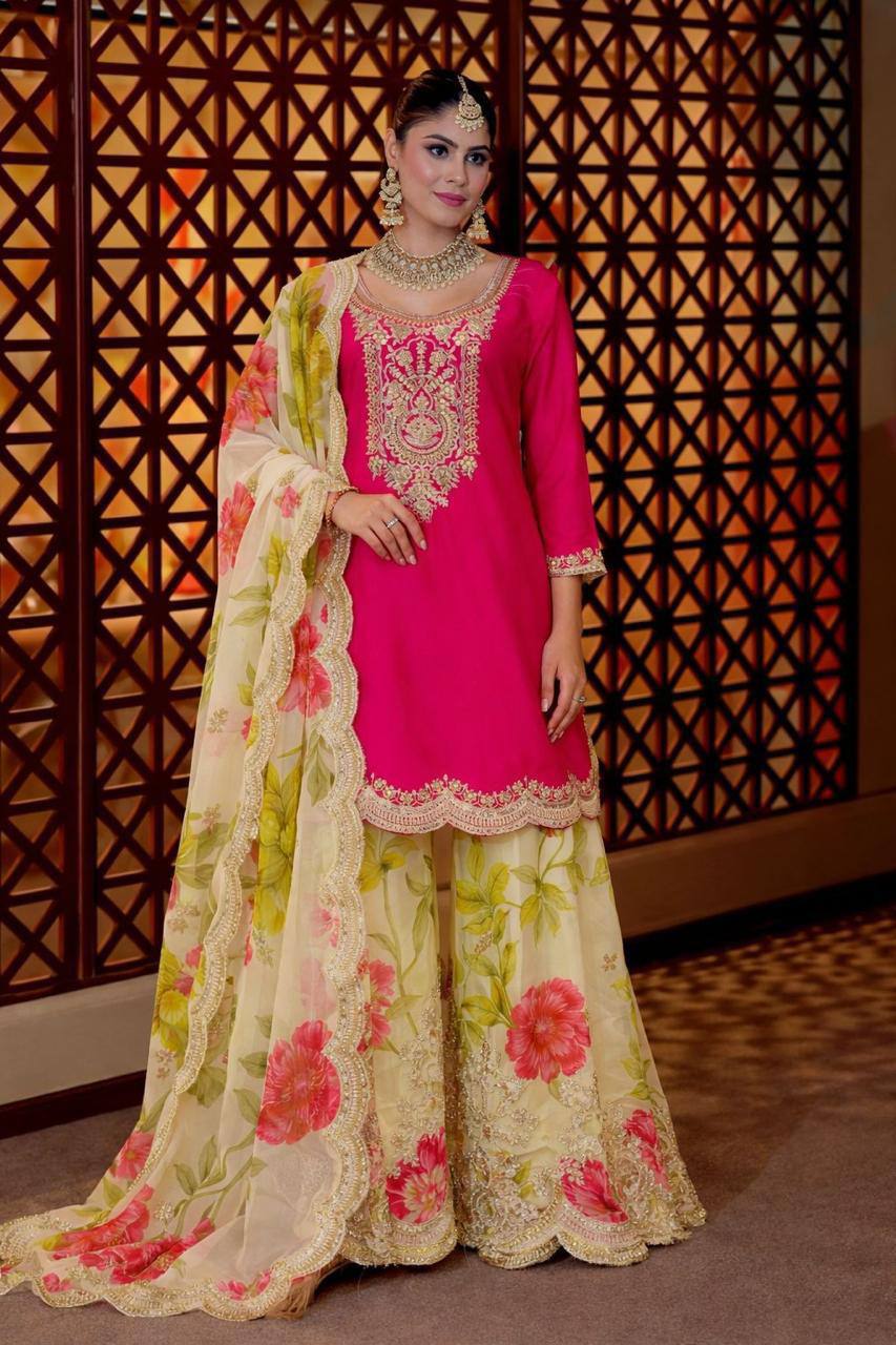 Heavy Chinon Party Top Pallazo &amp; Dupatta Set – Coding Embroidery &amp; Sequins Work