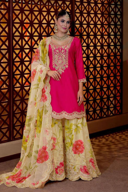 Heavy Chinon Party Top Pallazo &amp; Dupatta Set – Coding Embroidery &amp; Sequins Work