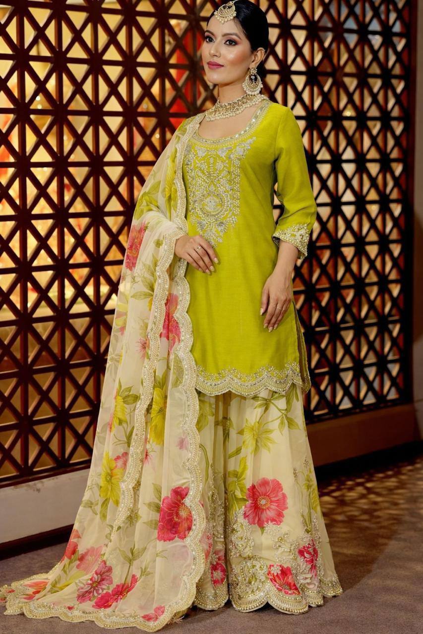 Heavy Chinon Party Top Pallazo &amp; Dupatta Set – Coding Embroidery &amp; Sequins Work