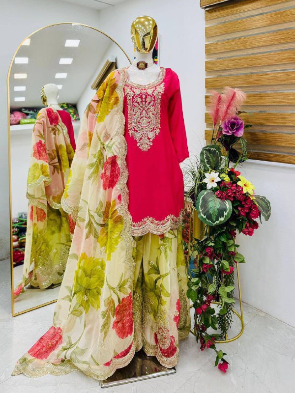 Heavy Chinon Party Top Pallazo &amp; Dupatta Set – Coding Embroidery &amp; Sequins Work